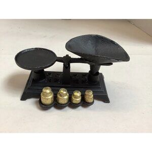 1970s Cast Iron Miniature Balance Scale with Brass Weights-NEW NOS